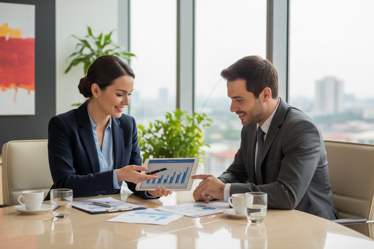 asesor de ventas. dos personas platicando de negocios